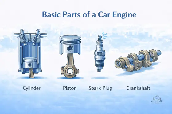 Basic parts of a car engine showing the cylinder, piston, spark plug, and crankshaft