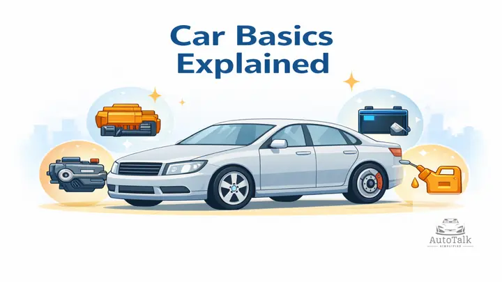 Car basics for beginners illustration showing engine, battery, fuel, and key vehicle components