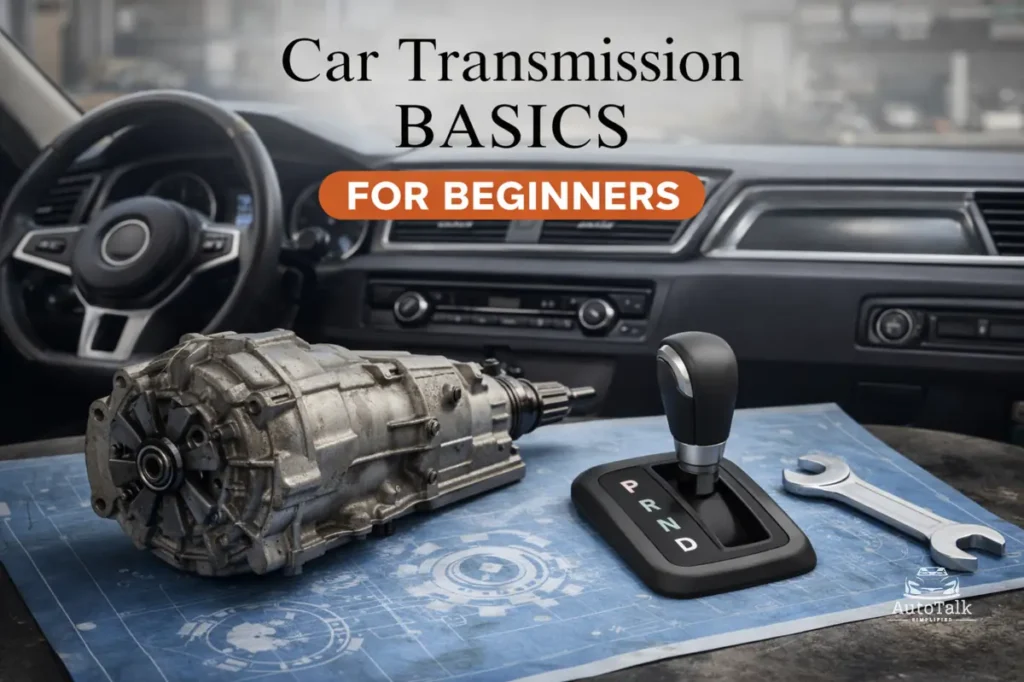 Car transmission basics for beginners showing a transmission unit and gear selector