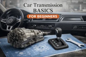 Car transmission basics for beginners showing a transmission unit and gear selector