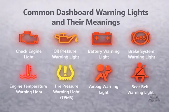 common dashboard warning lights showing engine oil battery brakes and seat belt icons