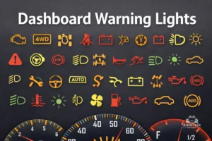 various dashboard warning lights displayed across a car instrument panel