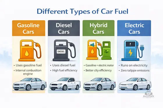 Different types of car fuel including gasoline, diesel, hybrid, and electric vehicles