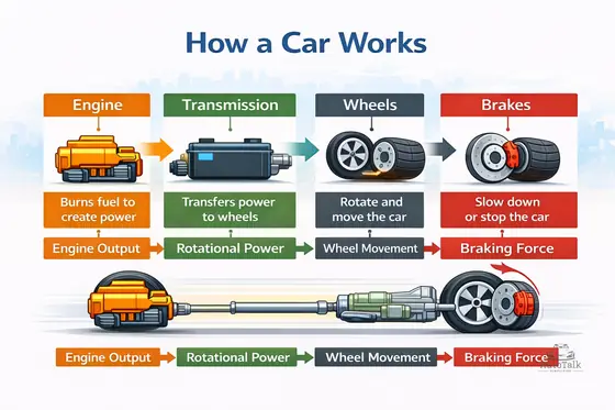 Diagram showing how a car works from engine to transmission, wheels, and brakes