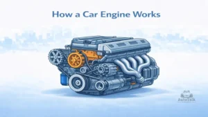 Illustration showing how a car engine works with its main components