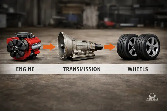 What does a car transmission do between the engine and wheels