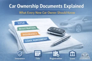 Car ownership documents showing title, registration, insurance, and loan agreement papers with car key and pen