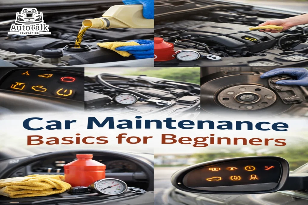 Car maintenance basics showing engine oil check, dashboard warning lights, tire pressure gauge, and brake inspection.
