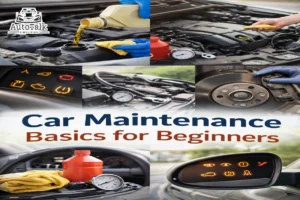 Car maintenance basics showing engine oil check, dashboard warning lights, tire pressure gauge, and brake inspection.