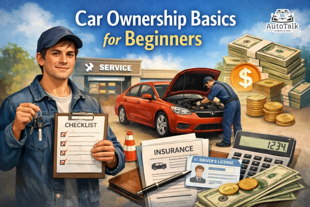Car ownership basics for beginners showing a mechanic working on a red car with insurance papers, checklist, calculator, and money.
