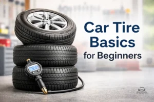Car tire basics for beginners showing stacked car tires and a tire pressure gauge