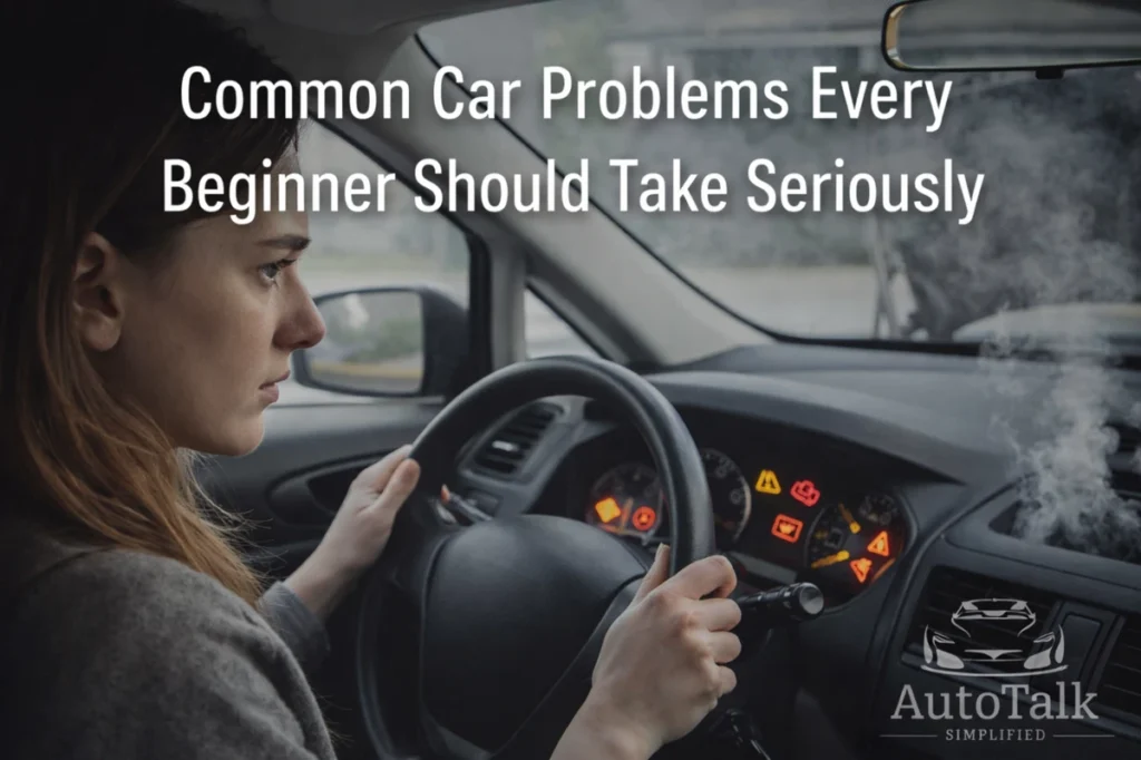 Common car problems beginners should take seriously shown by dashboard warning lights