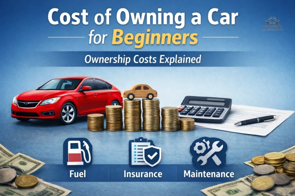 car ownership costs for beginners feature image showing red car, stacked coins, calculator, and icons for fuel, insurance, and maintenance