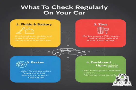 Checklist showing what to check regularly on a car, including fluids, tires, brakes, and dashboard warning lights.