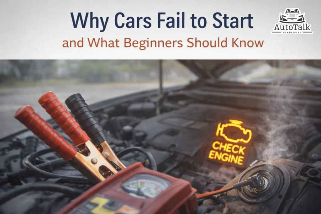 Car engine with jumper cables attached and check engine light glowing, illustrating why cars fail to start.