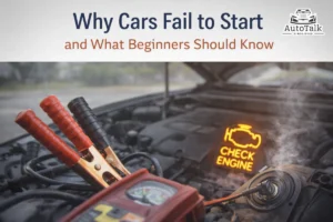 Car engine with jumper cables attached and check engine light glowing, illustrating why cars fail to start.