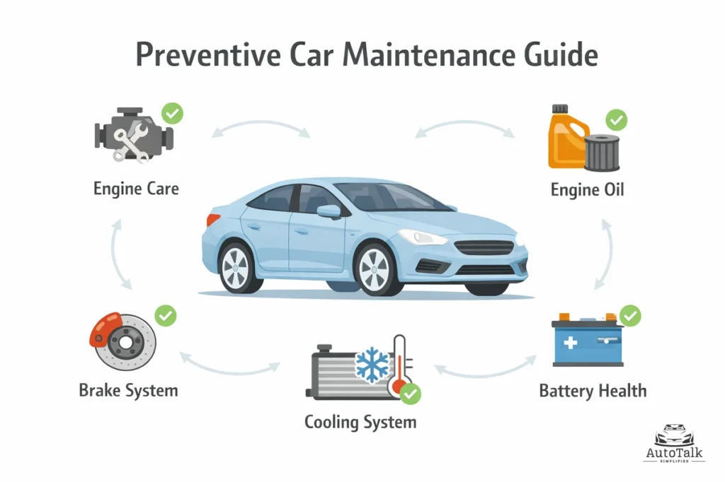 Preventive car maintenance guide showing key systems like engine oil, brakes, cooling system, and battery health.