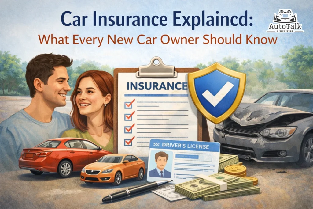 Car insurance guide showing insurance document, shield icon, damaged car, and costs for new owners.