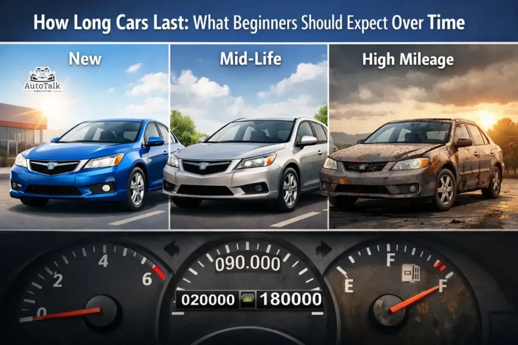 Illustration showing car lifespan stages from new vehicle to mid-life and high-mileage aging with dashboard mileage indicators