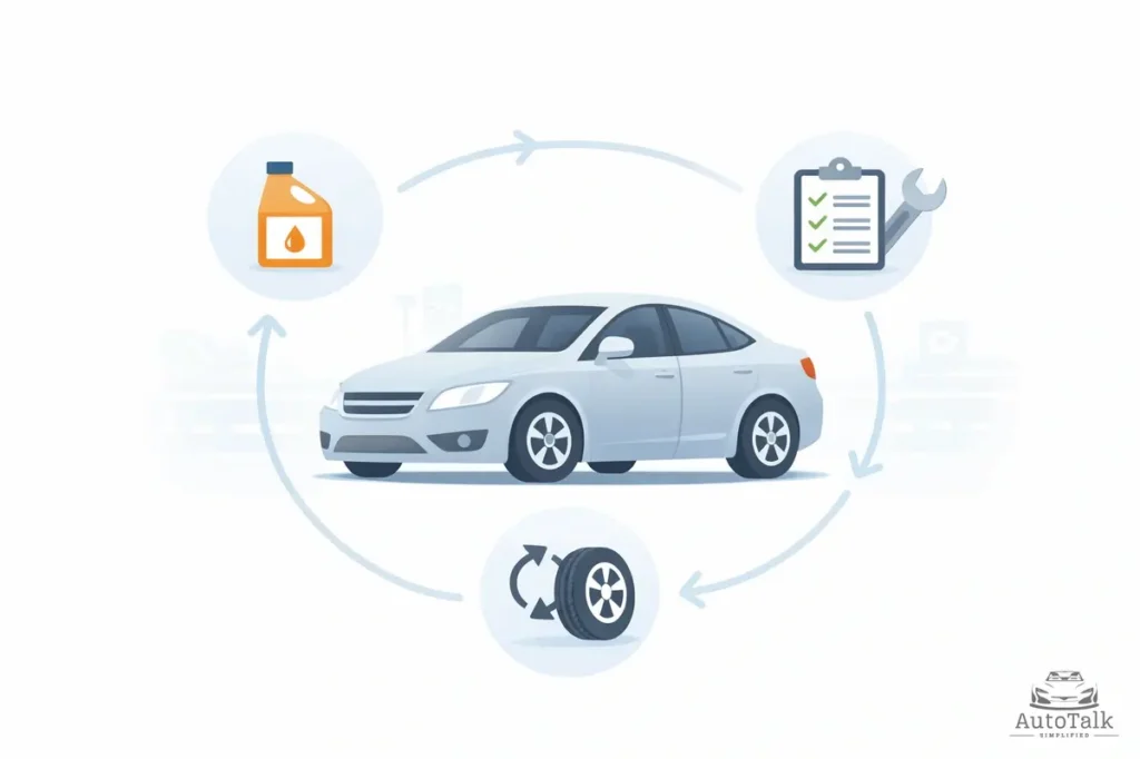 Car maintenance schedule illustration showing oil change, tire rotation, and inspection around a vehicle.