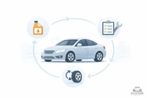 Car maintenance schedule illustration showing oil change, tire rotation, and inspection around a vehicle.