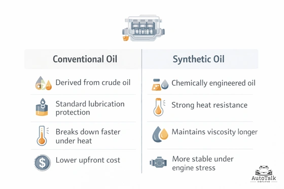 Conventional oil vs synthetic oil comparison chart showing durability, heat resistance, lubrication, and cost differences