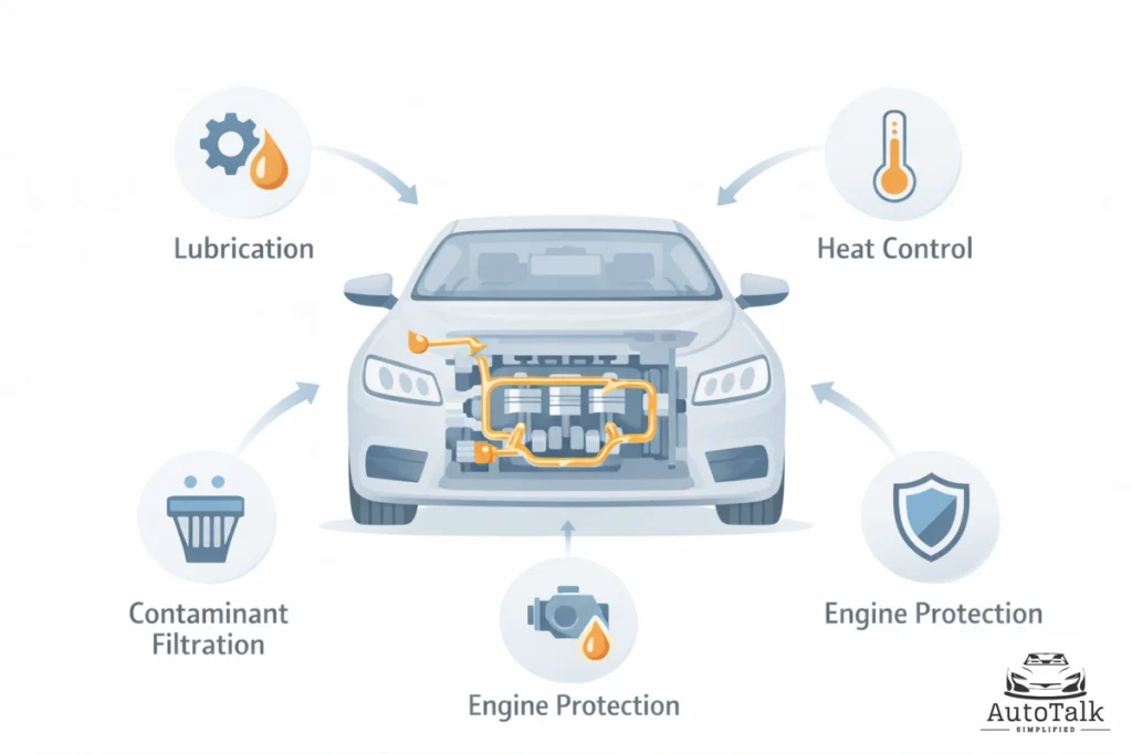 Oil change basics diagram showing lubrication, heat control, filtration, and protection inside a car engine system