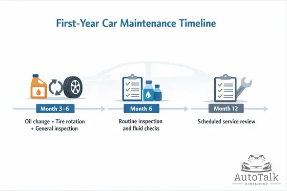 First year car maintenance schedule timeline showing oil change, inspection, and scheduled service milestones.