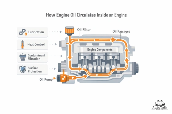 Engine oil circulation diagram showing oil pump, filter, and oil passages moving oil through engine components