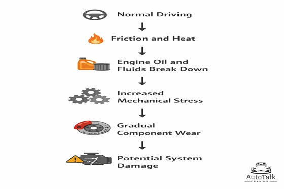 Diagram showing how friction, heat, and fluid breakdown gradually lead to mechanical wear in different car components.