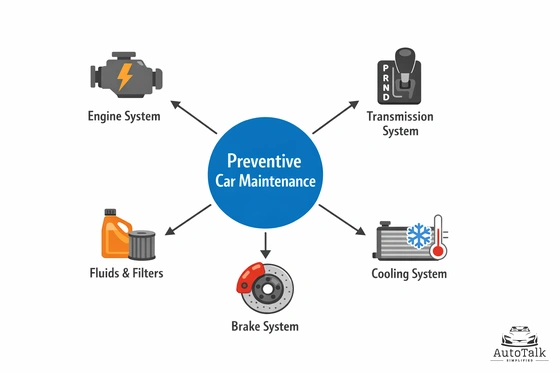 Diagram showing major vehicle systems protected by preventive car maintenance including engine, transmission, cooling, and brakes.