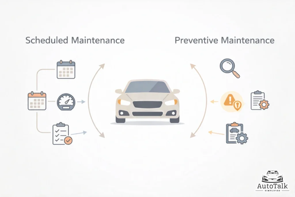 Scheduled maintenance vs preventive maintenance diagram comparing time based service with proactive vehicle inspections
