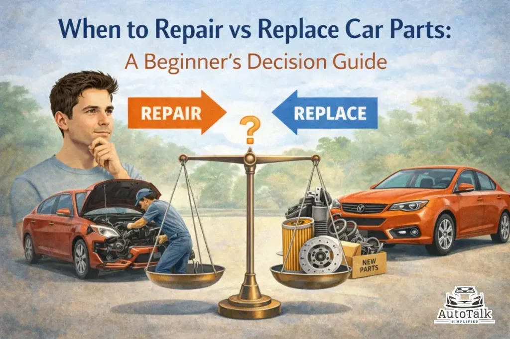 Repair vs replace car parts illustration with a balance scale comparing car repair and new replacement parts.