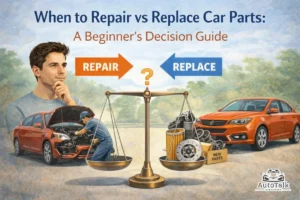 Repair vs replace car parts illustration with a balance scale comparing car repair and new replacement parts.