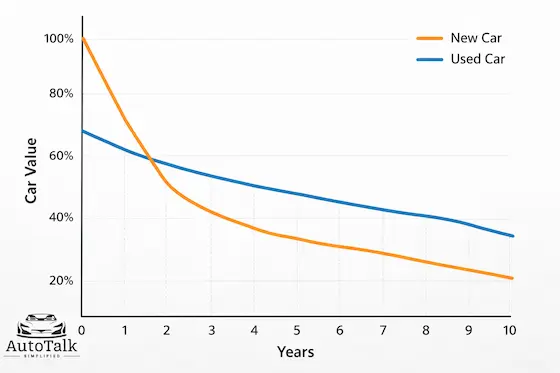 Graph showing depreciation of new car vs used car over time with faster value drop for new cars