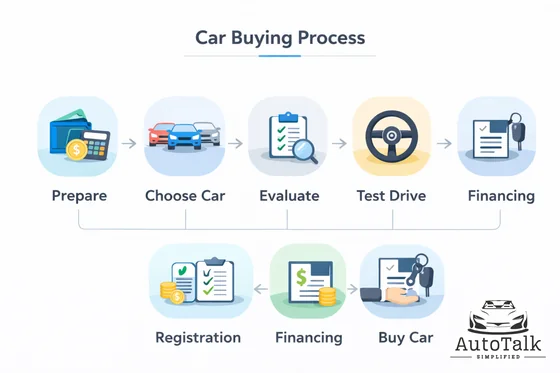 Step-by-step car buying process for beginners including preparation, evaluation, test drive, financing, and purchase stages
