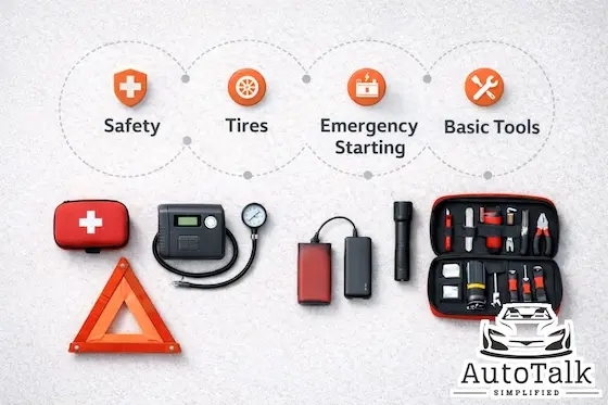 Car essentials grouped by category showing safety tools, tire inflator, jumper cables, and basic toolkit for beginners