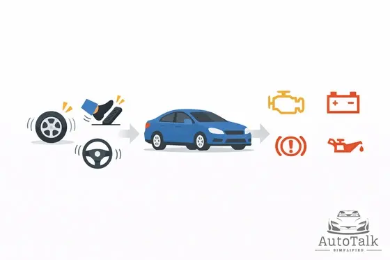 Early driving warning signs progressing to dashboard warning lights that indicate vehicle maintenance may be needed.
