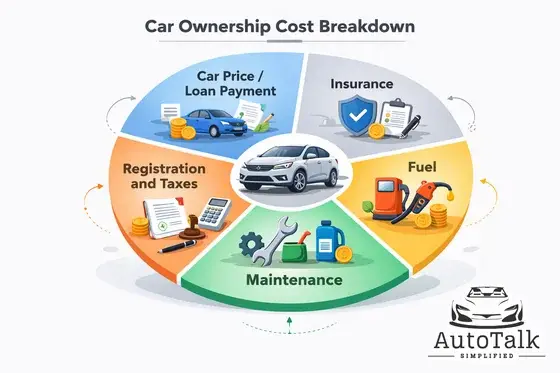 Car ownership cost breakdown showing loan payment, insurance, fuel, maintenance, and registration expenses for beginners