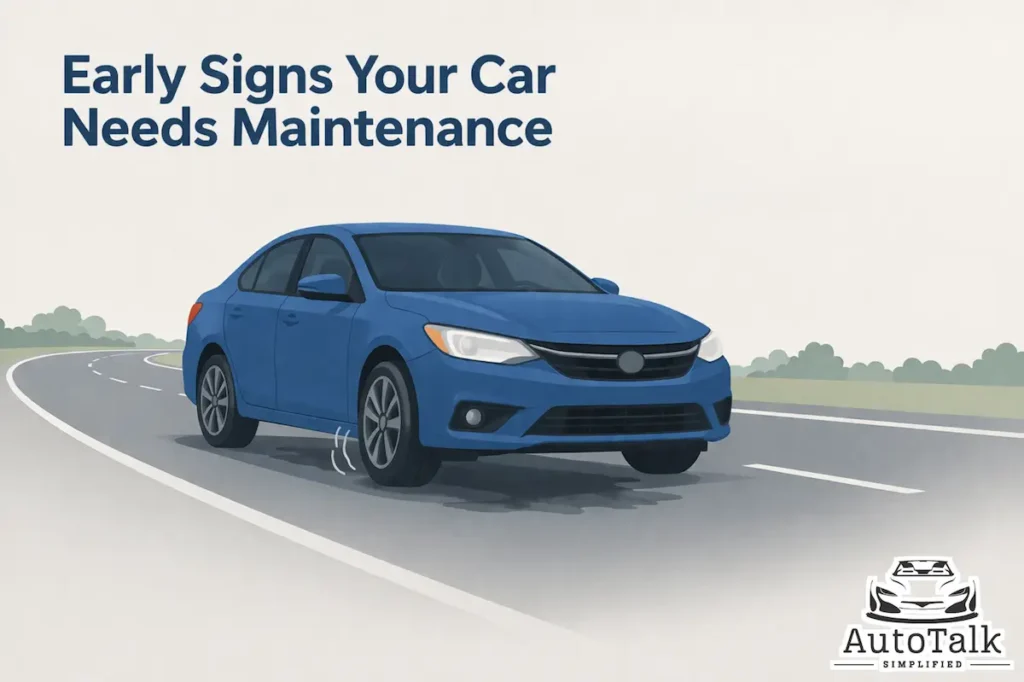 Early signs your car needs maintenance shown with car and icons for braking, vibration, and warning indicators