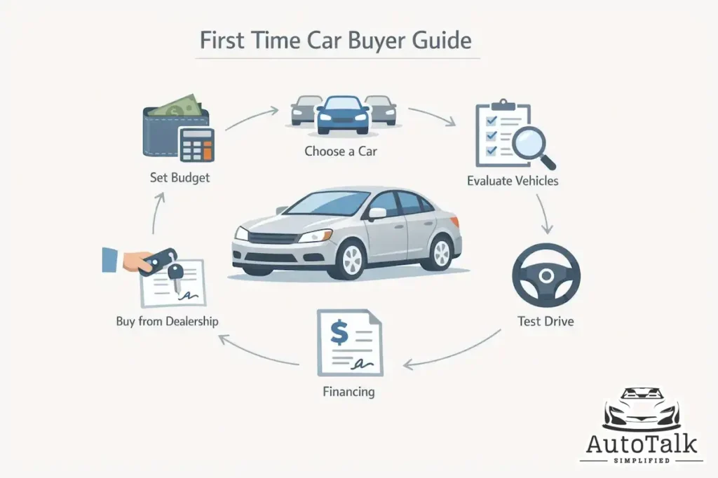 Step-by-step process in a first time car buyer guide showing budgeting, test drive, financing, and purchase stages