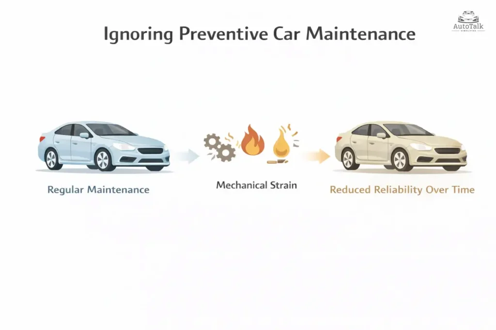 Educational diagram showing how ignoring preventive car maintenance leads to gradual mechanical strain and reduced reliability over time.
