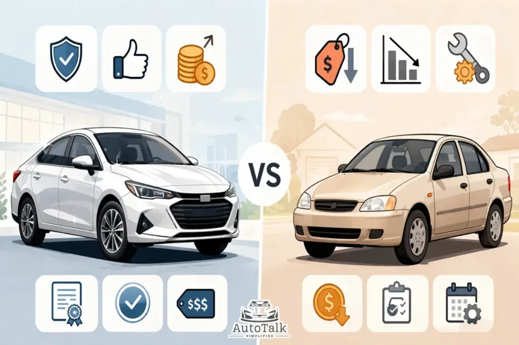 Comparison of new car vs used car showing cost reliability depreciation and ownership differences for buyers
