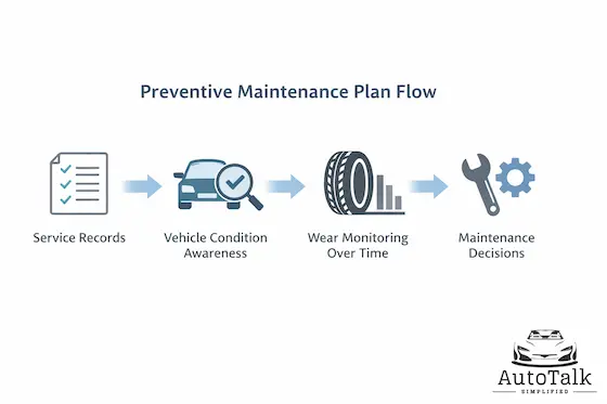 Preventive maintenance plan diagram showing service records, vehicle condition, wear tracking, and decisions