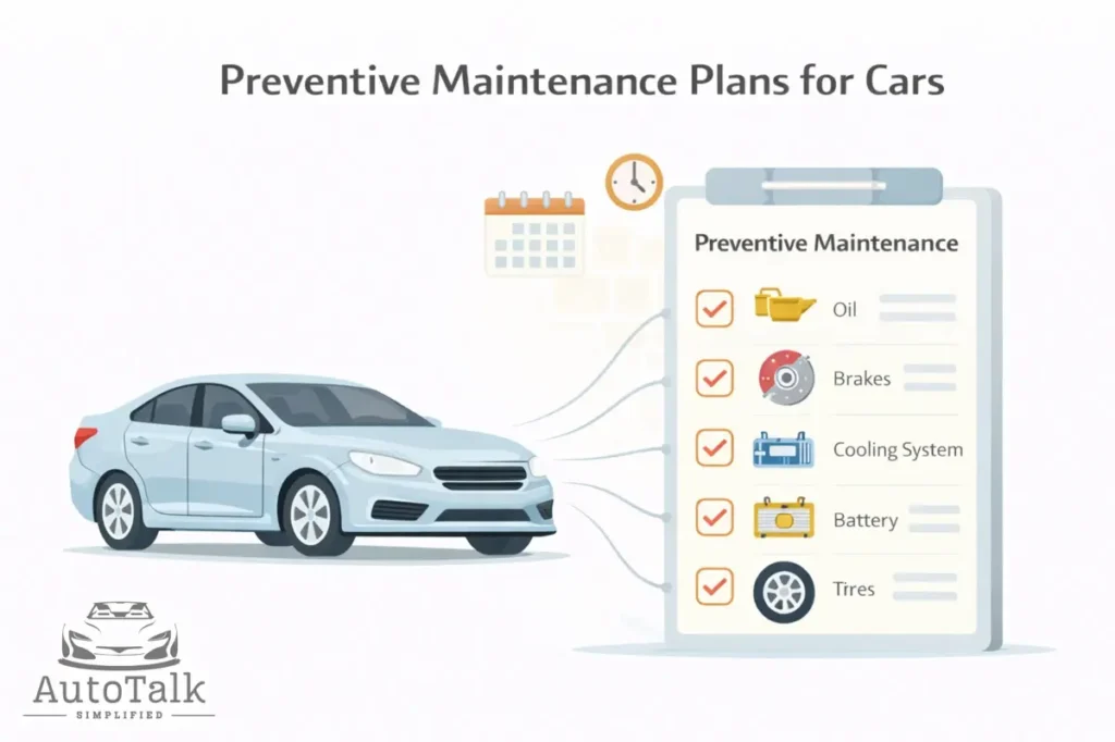Educational infographic showing preventive maintenance plans for cars with organized checklist and vehicle care tracking.
