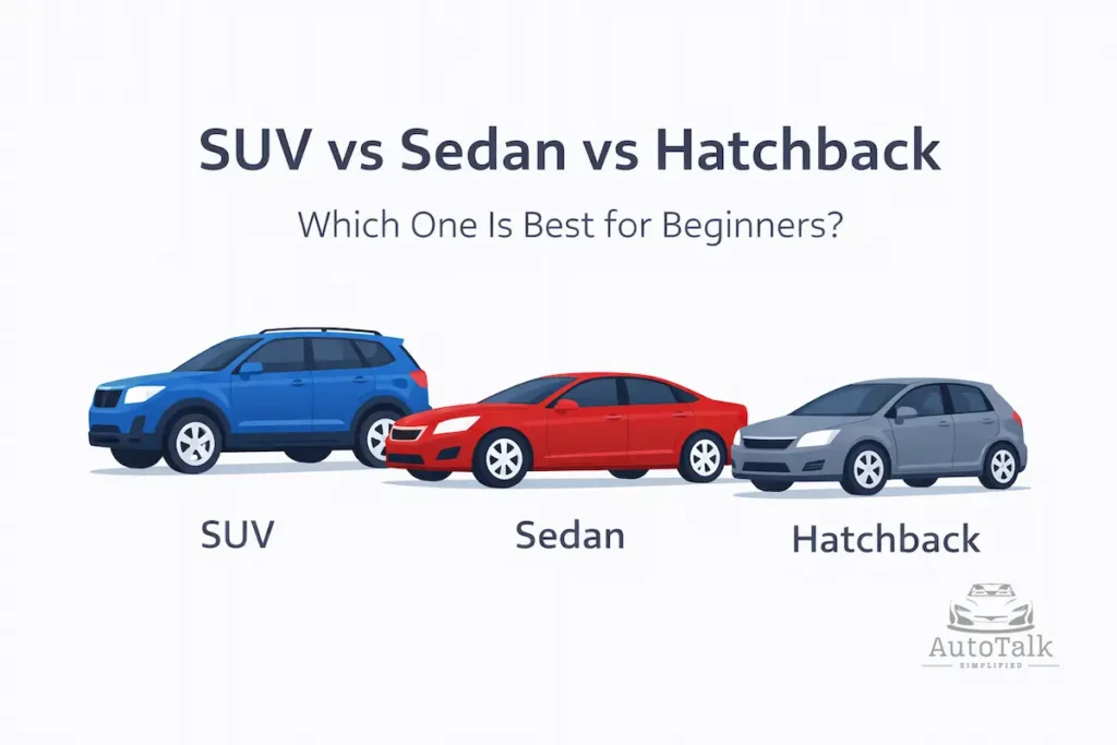 Feature image comparing SUV vs sedan vs hatchback with simple visuals for beginner car buyers