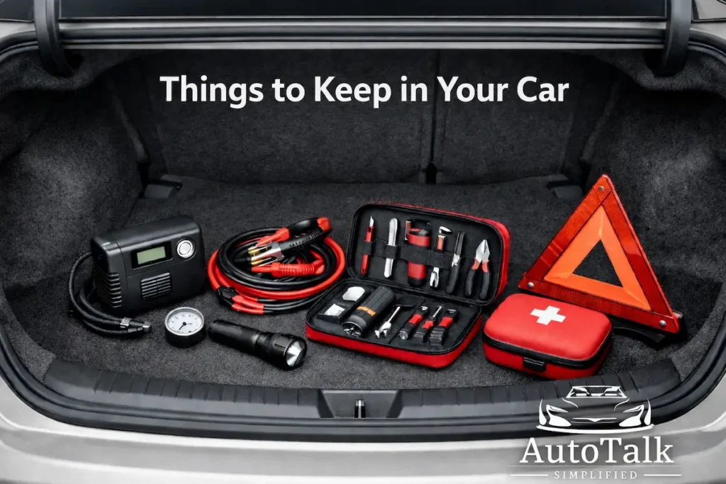 Things to keep in your car organized in trunk with essential tools like inflator, jumper cables, and first aid kit