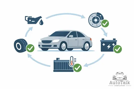 Used car maintenance diagram showing key vehicle systems checked when establishing a maintenance baseline