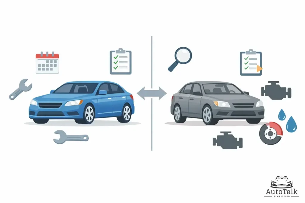 Used car maintenance compared with new car preventive care showing how maintenance needs change as vehicles age