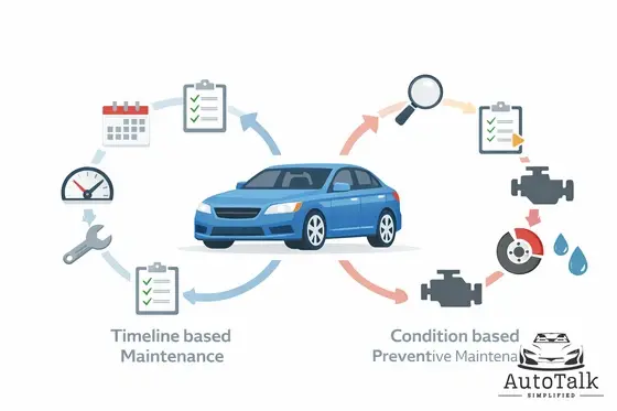 Used car maintenance comparison showing timeline based maintenance versus condition based preventive care strategies